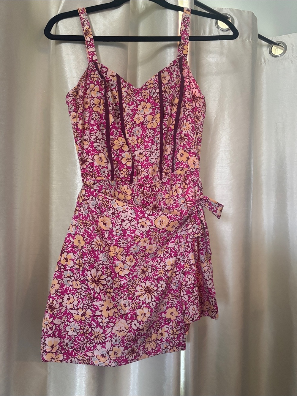 Floral Pink Summer Slip Dress with Tie Waist